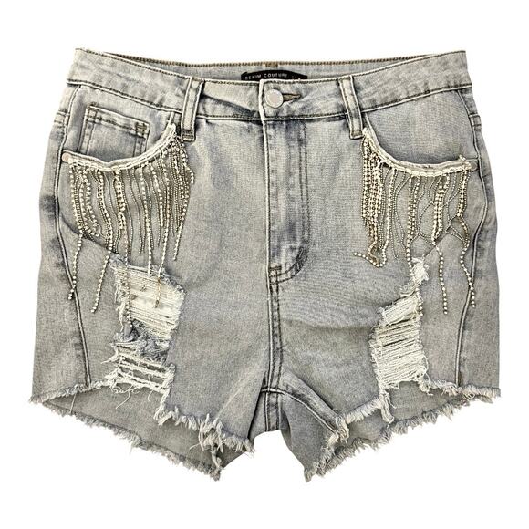 Denim Couture rhinestone fringe distressed jean shorts western sz M - Picture 1 of 3